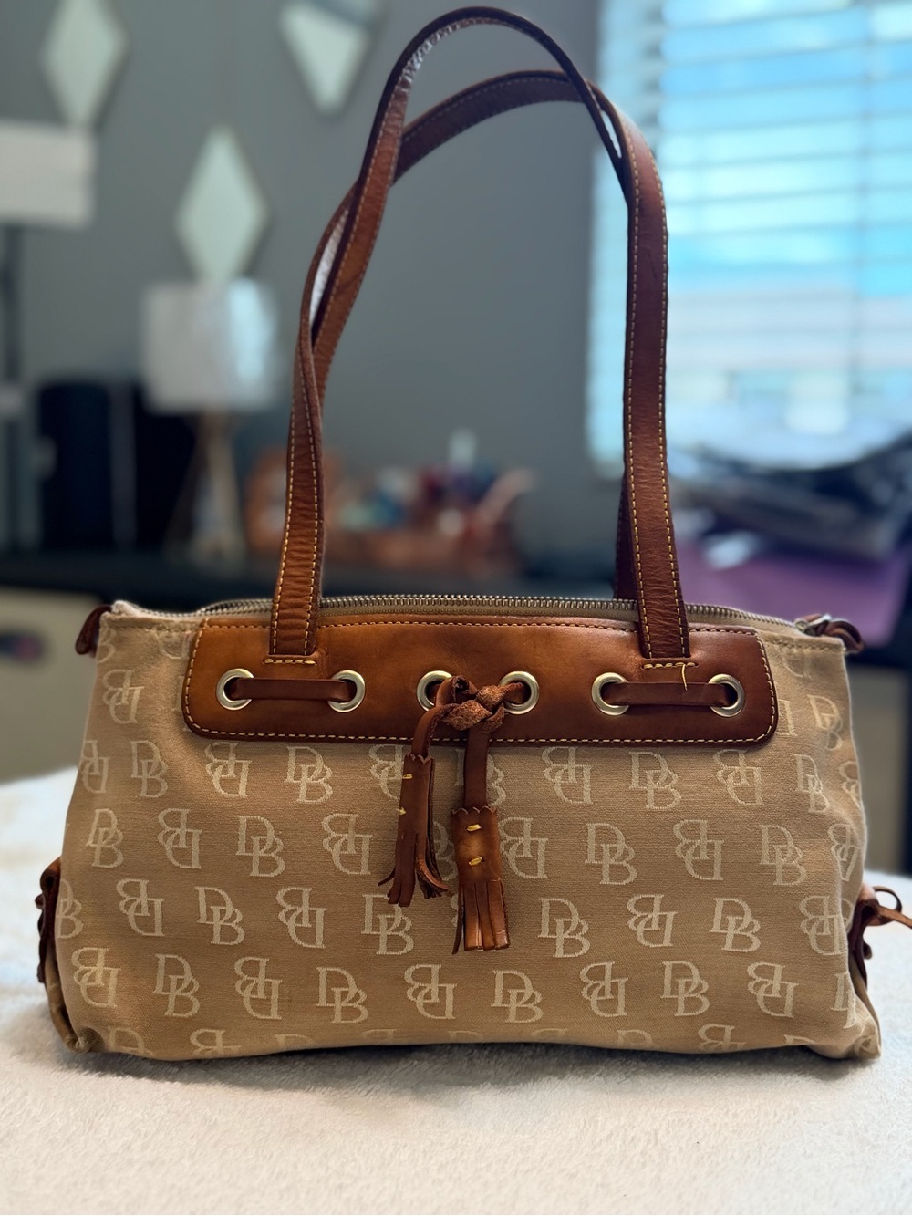 Dooney & Bourke Beige Canvas Shoulder Bag with Brown Leather Trim